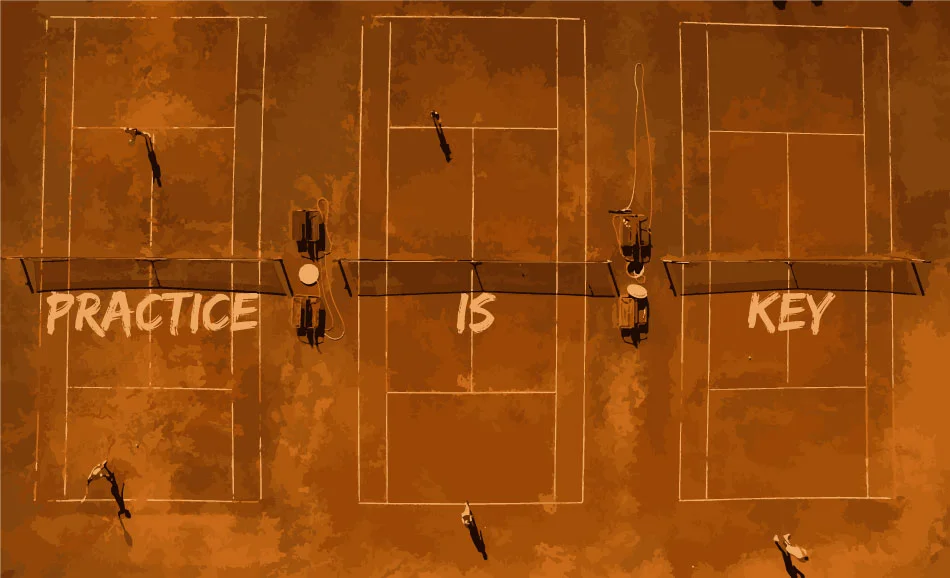An image that describes how practice is the key in Tennis 